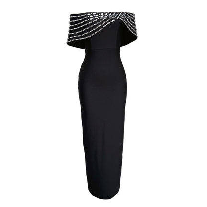 Off-shoulder Handmade Diamond Strip Dress Evening Dress