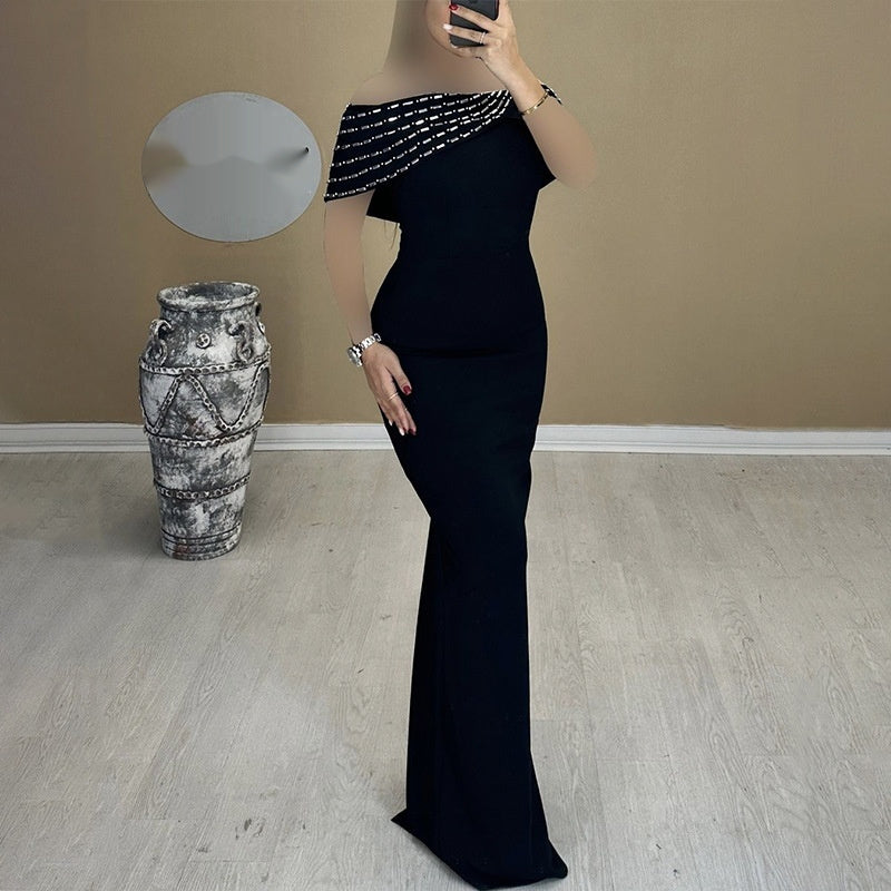 Off-shoulder Handmade Diamond Strip Dress Evening Dress