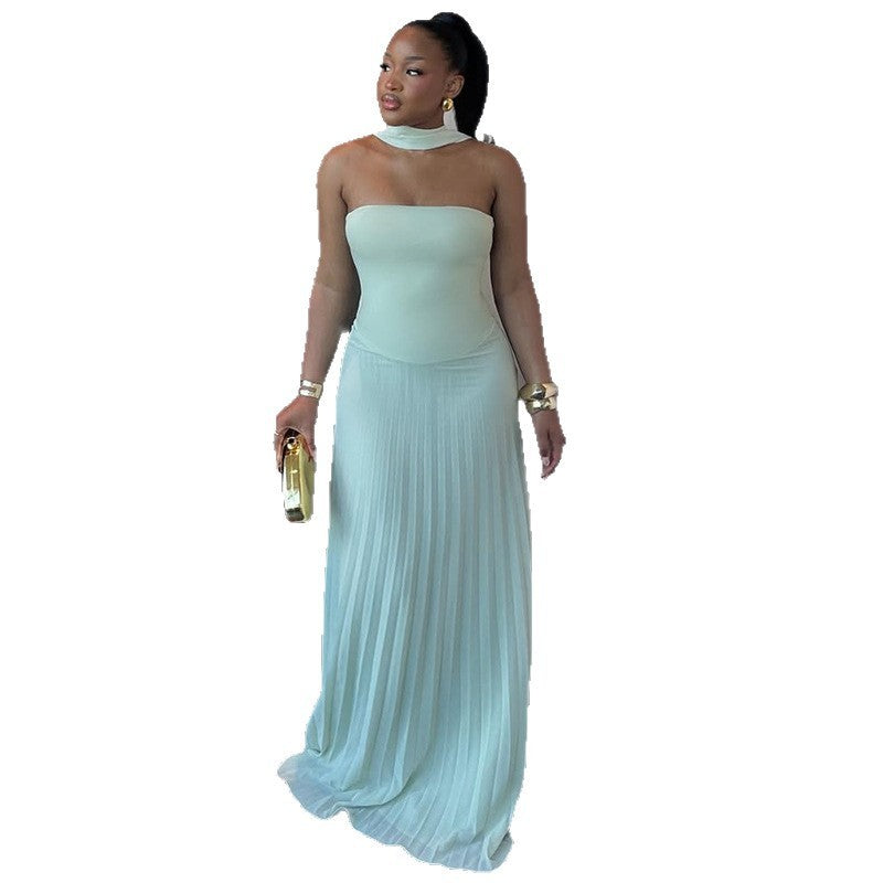 Women's Quality Halter Spaghetti Straps Top High Waist Pleated Skirt Suit