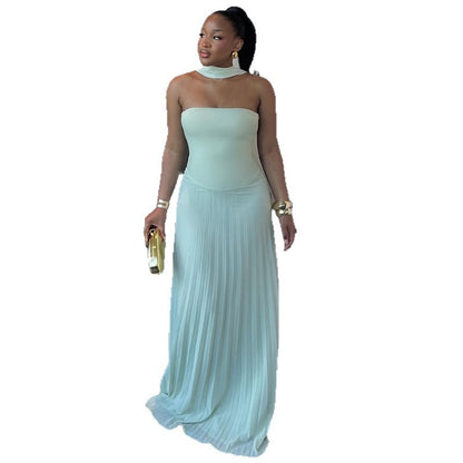 Women's Quality Halter Spaghetti Straps Top High Waist Pleated Skirt Suit